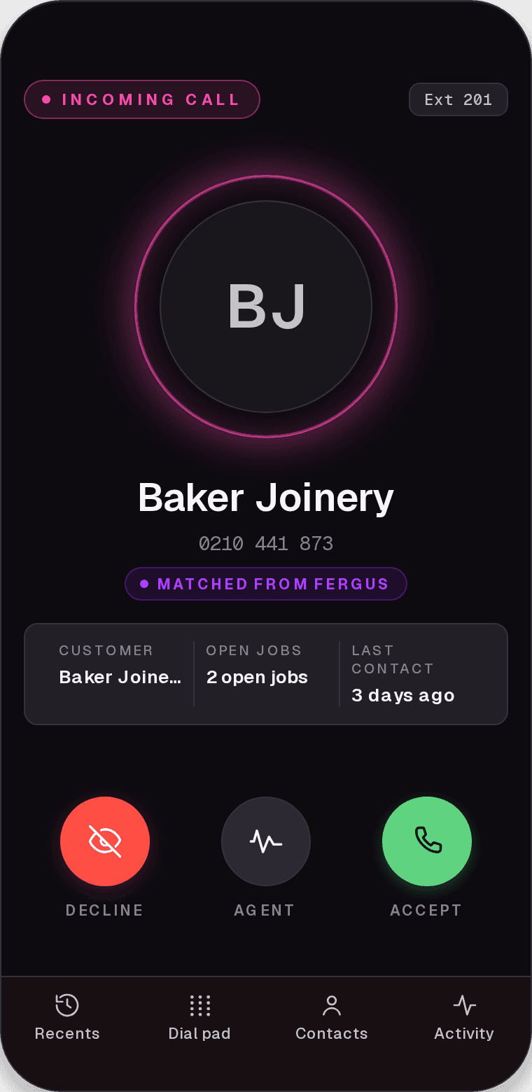 Incoming call from Baker Joinery, matched from Fergus, with Decline, Agent and Accept