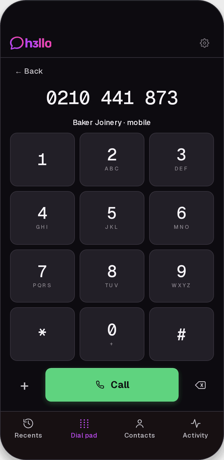 Dial pad matching the typed number to Baker Joinery