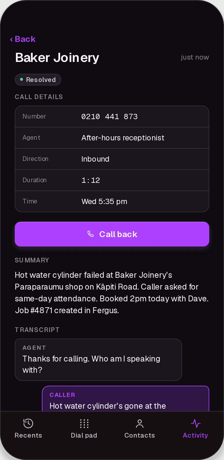 Activity detail with call details, a Call back button, the summary and the transcript