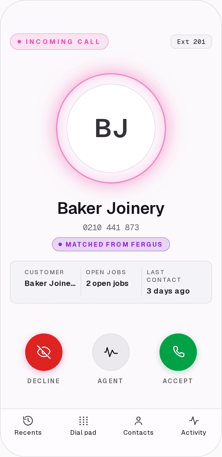 Incoming call from Baker Joinery, matched from Fergus, with Decline, Agent and Accept