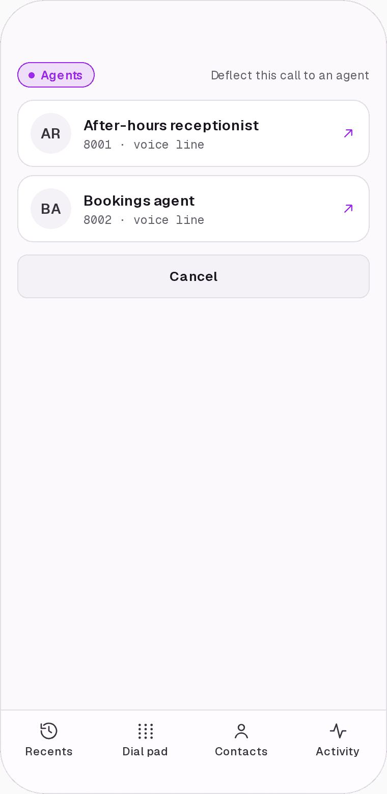 Agent picker listing the after-hours receptionist and the bookings agent