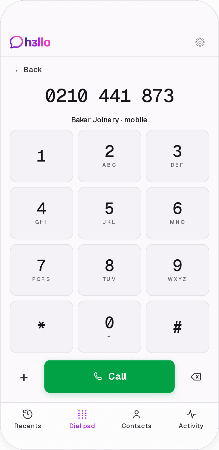 Dial pad matching the typed number to Baker Joinery