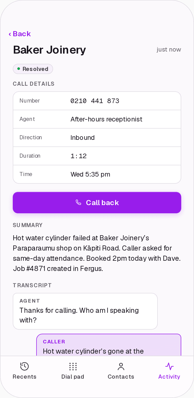 Activity detail with call details, a Call back button, the summary and the transcript
